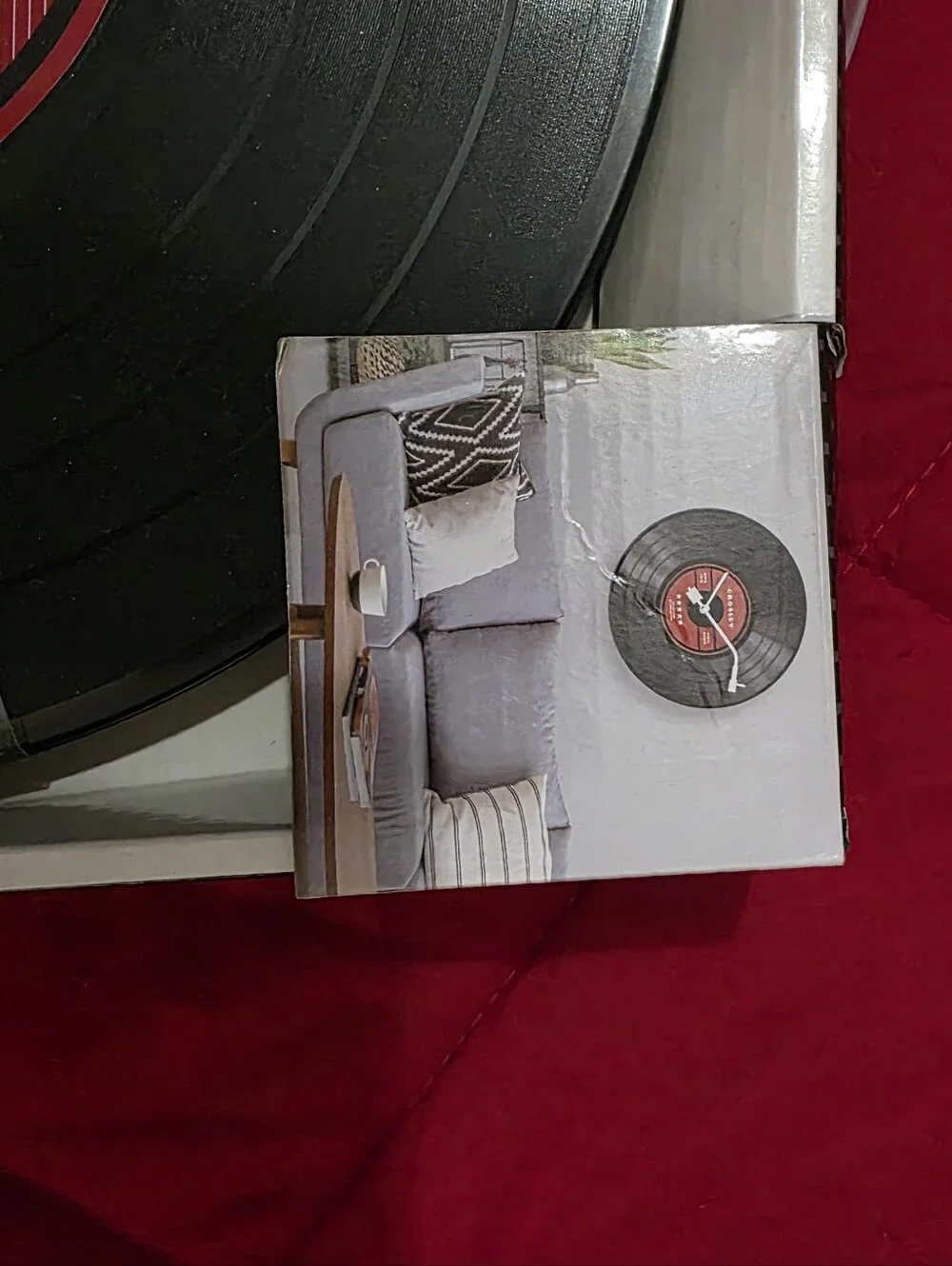 Crosley Black and Red Vinyl Record Wall Clock with White Hands